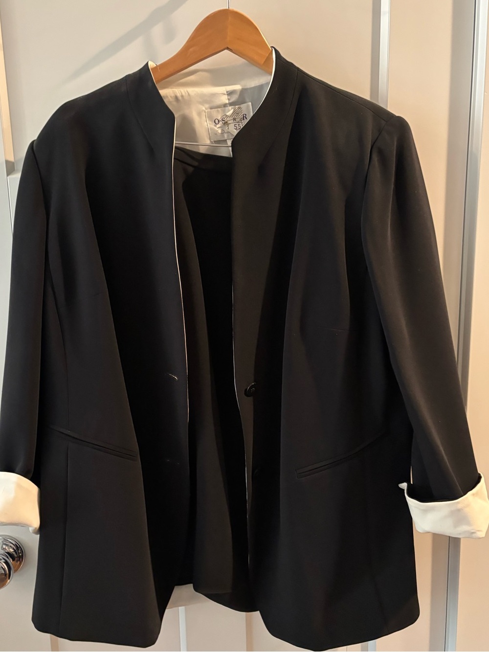 Oscar de la Renta Black Collarless Blazer with Cream Cuff Detail